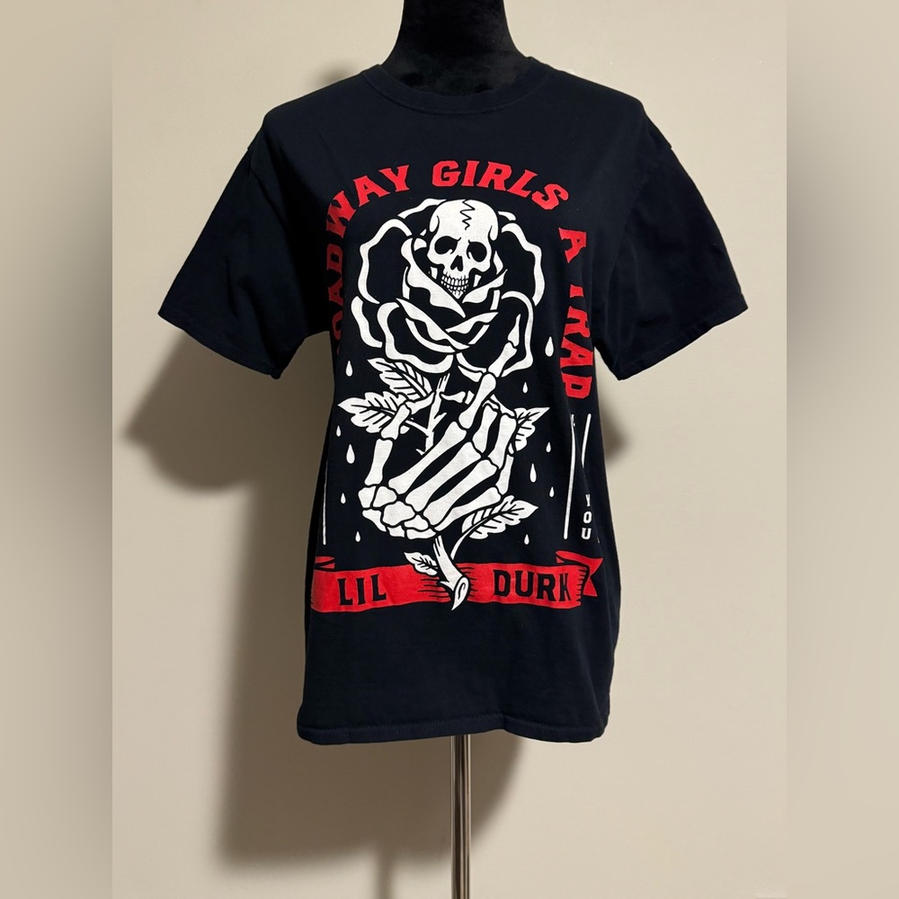 EUC Lil Durk Red and White Broadway Girls A Trap Graphic Tee size medium